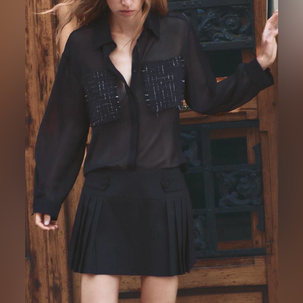 ZARA STRUCTURED SEMI-SHEER SHIRT WITH POCKETS- Black